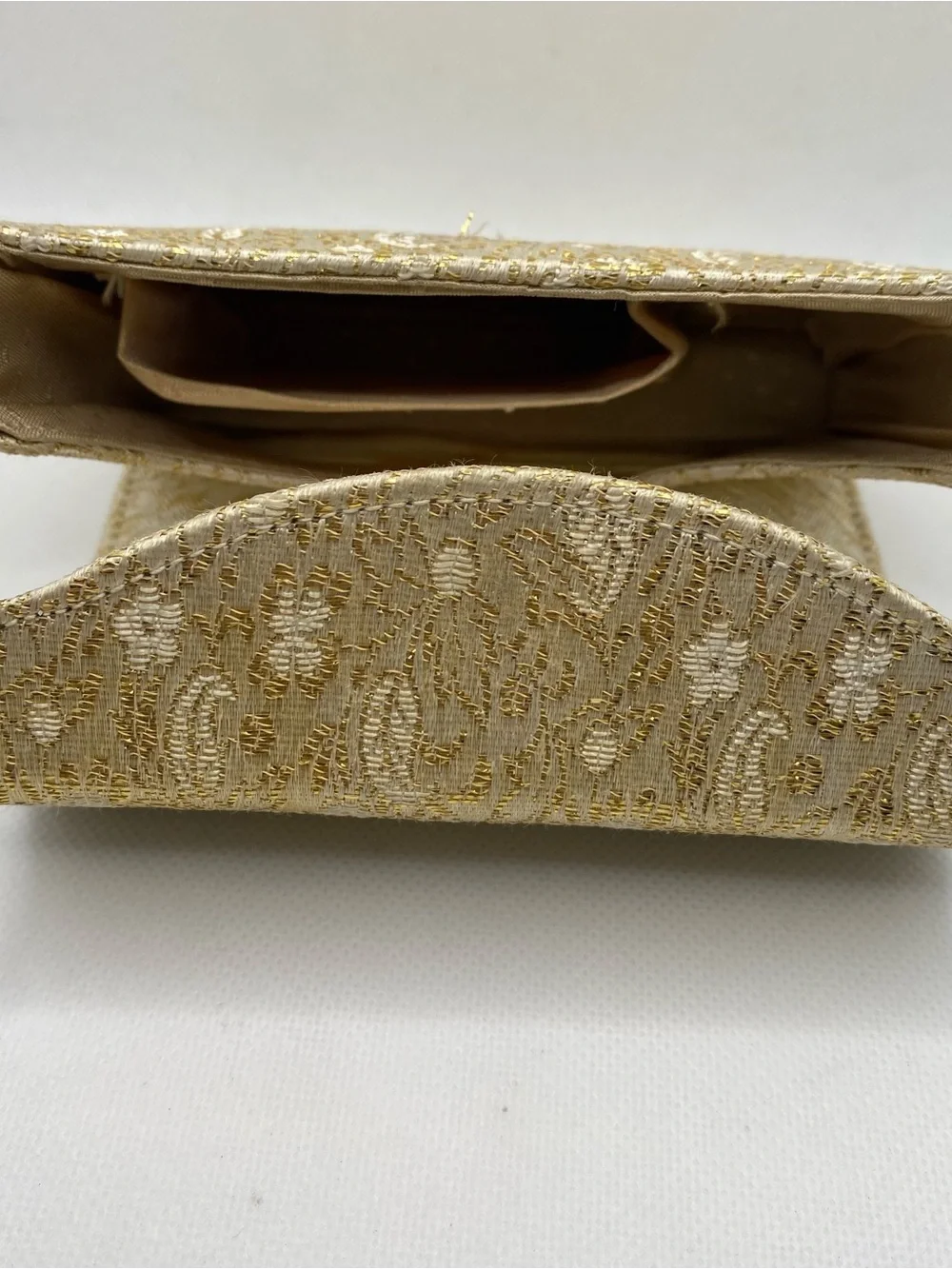 Vintage Gold Brocade Vanity Purse Evening Bag Built In Mirror Mid Century